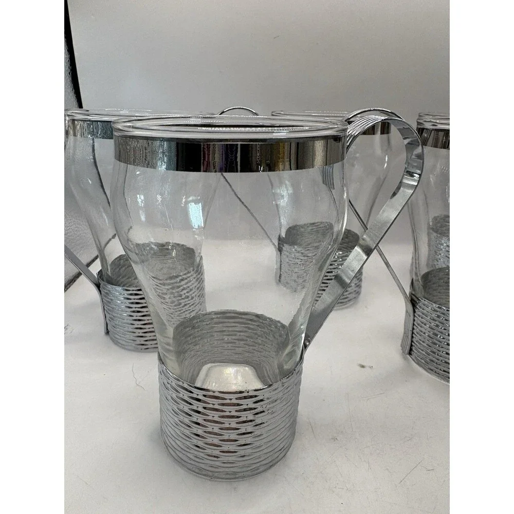 Vintage Mid Century Federal Glass Soda Fountain Glasses Metal Holders And Handle